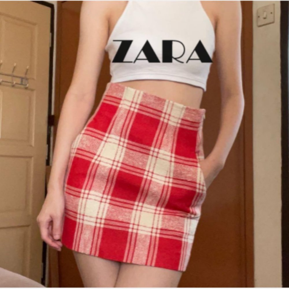 NWT ZARA Red and Cream Plaid High Waisted Skirt with Pockets